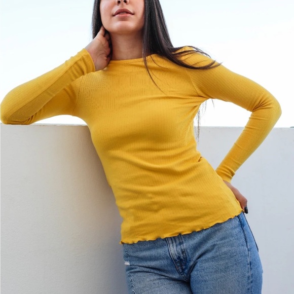 Free People FP Beach Mustard Yellow Scalloped Hem Sweater - Picture 11 of 12
